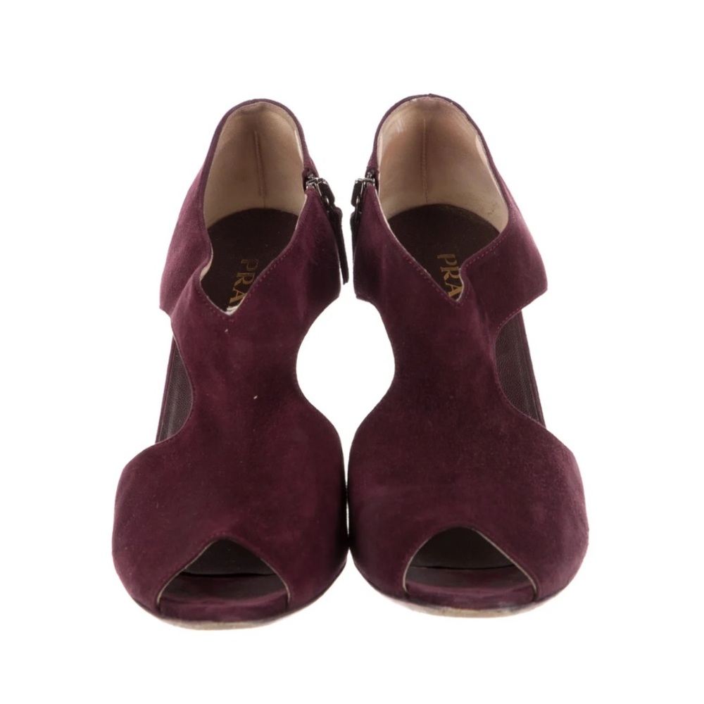 Prada Burgundy Suede Peep-Toe Heels - Picture 2 of 6